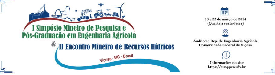 I Encontro Mineiro de Pós-Graduação em Engenharia Agrícola (SIMPPEA) e II Encontro Mineiro de Recursos Hídricos (EMRH), serão realizados de 20 a 22/03/2024, na UFV/Campus Viçosa-MG